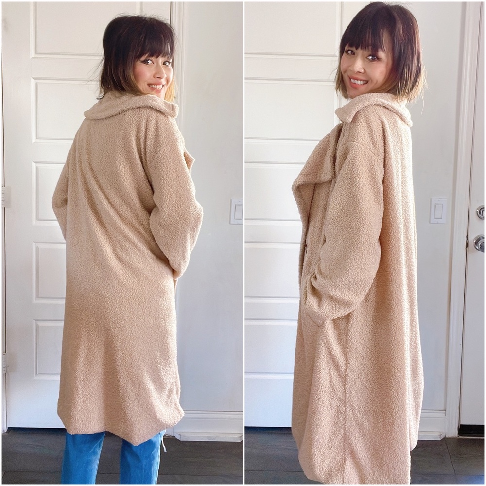 036 Cozy Khaki Fuzzy Open Front Pocket Collared Jacket - Picture 5 of 5